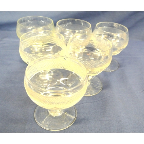 267 - Set of six Edwardian style sundae glasses with strawberry diamond banding, knop stems & round bases