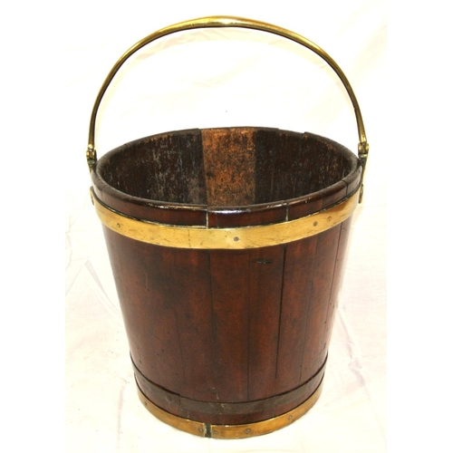 271 - Georgian peat bucket of round tapering form with brass banding & shaped handle