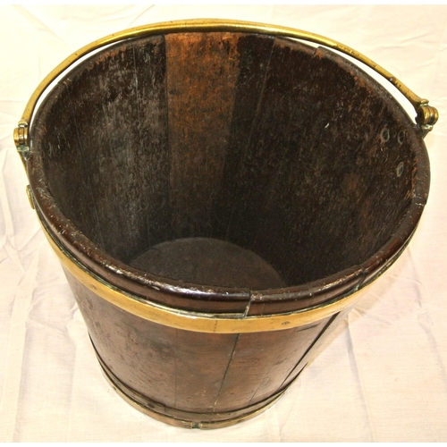 271 - Georgian peat bucket of round tapering form with brass banding & shaped handle