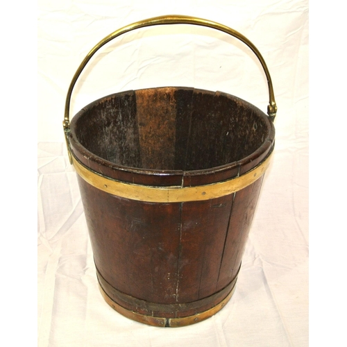 271 - Georgian peat bucket of round tapering form with brass banding & shaped handle