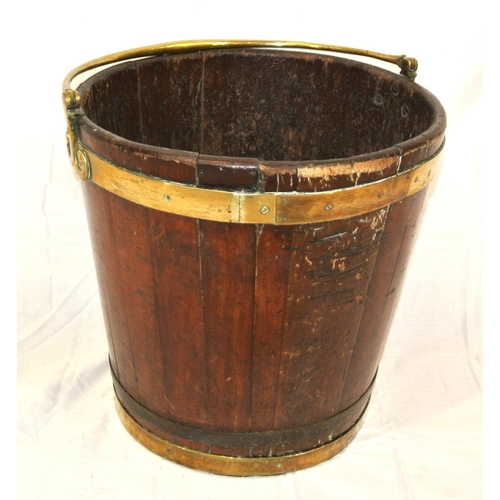 271 - Georgian peat bucket of round tapering form with brass banding & shaped handle