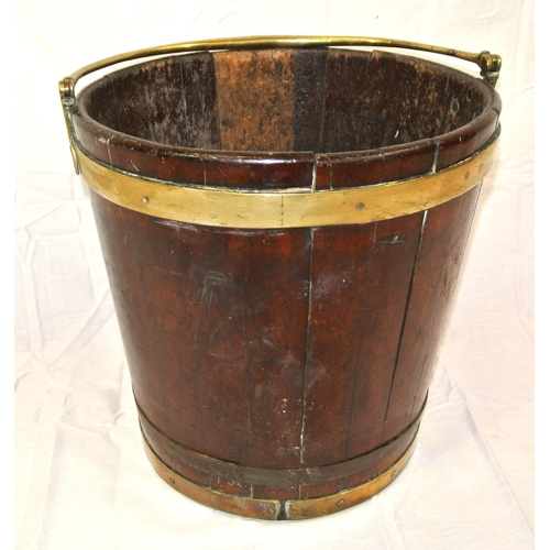 271 - Georgian peat bucket of round tapering form with brass banding & shaped handle