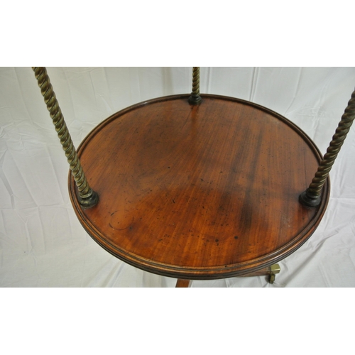 275 - Victorian mahogany two tier round dumbwaiter with reeded borders, turned brass columns, on beehive c... 