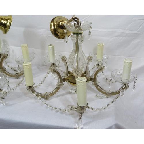 277 - Pair of French style five branch hanging chandeliers with shaped sconces & drops