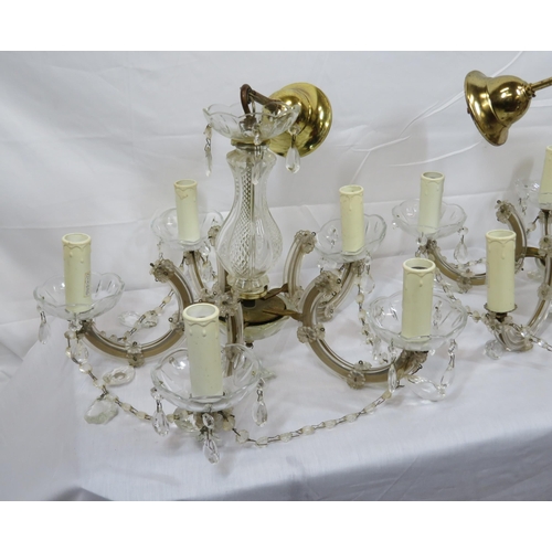 277 - Pair of French style five branch hanging chandeliers with shaped sconces & drops