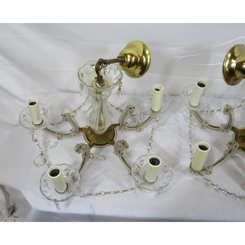 277 - Pair of French style five branch hanging chandeliers with shaped sconces & drops