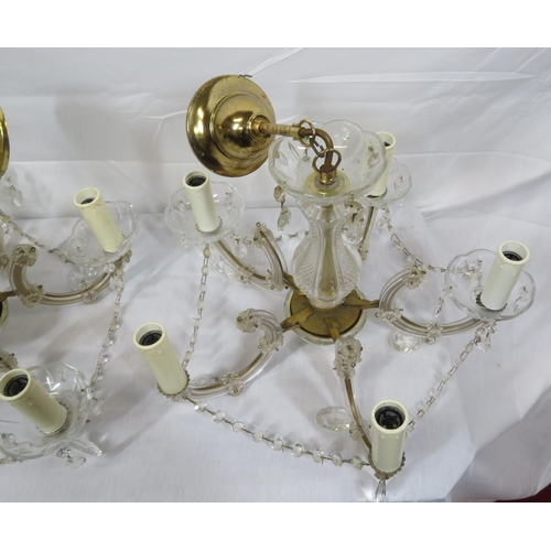 277 - Pair of French style five branch hanging chandeliers with shaped sconces & drops