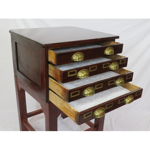 280 - Edwardian mahogany collectors cabinet with brass cup handles, card holders, on square legs with stre... 