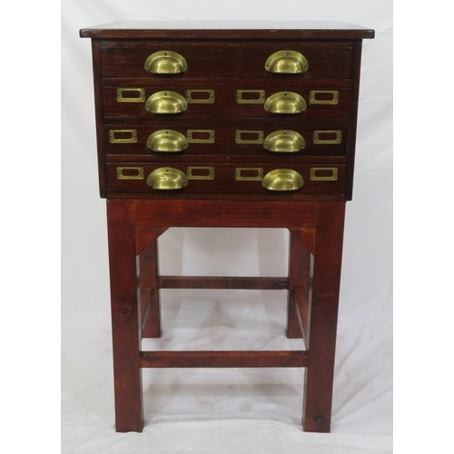 280 - Edwardian mahogany collectors cabinet with brass cup handles, card holders, on square legs with stre... 