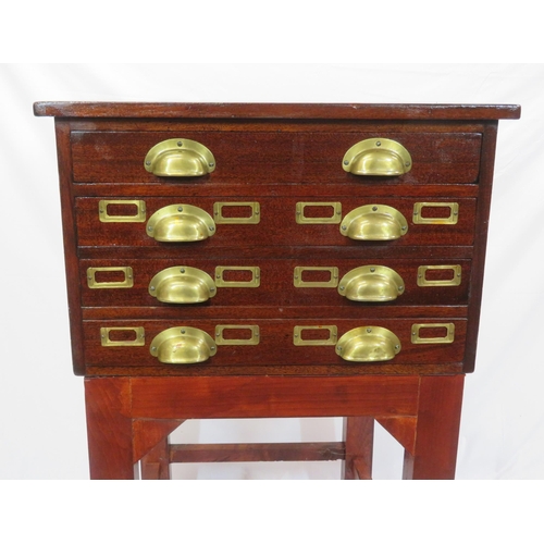 280 - Edwardian mahogany collectors cabinet with brass cup handles, card holders, on square legs with stre... 