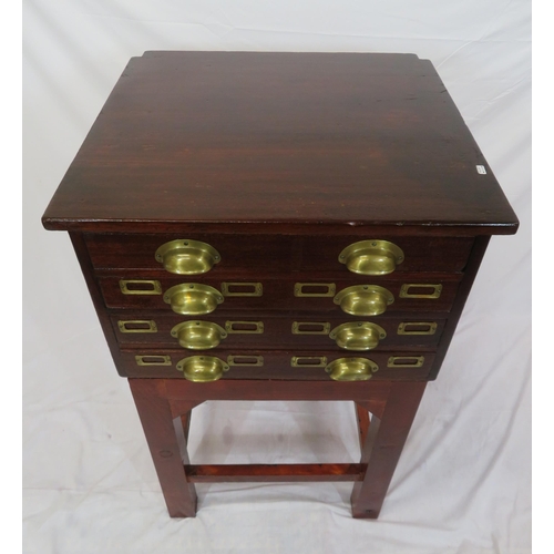 280 - Edwardian mahogany collectors cabinet with brass cup handles, card holders, on square legs with stre... 