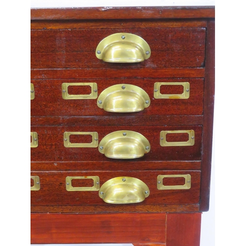 280 - Edwardian mahogany collectors cabinet with brass cup handles, card holders, on square legs with stre... 