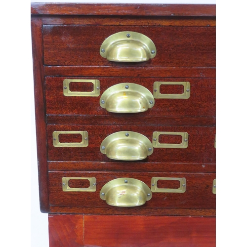 280 - Edwardian mahogany collectors cabinet with brass cup handles, card holders, on square legs with stre... 