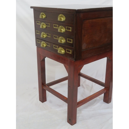 280 - Edwardian mahogany collectors cabinet with brass cup handles, card holders, on square legs with stre... 