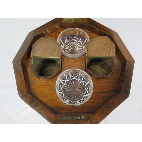 285 - William IV burr walnut & kingwood teapoy with hexagonal shaped top, interior fitted with cannisters ... 