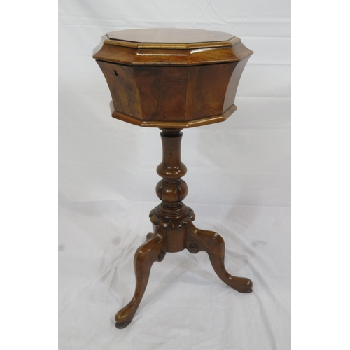 285 - William IV burr walnut & kingwood teapoy with hexagonal shaped top, interior fitted with cannisters ... 