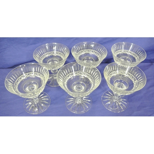 288 - Set of six Waterford Crystal cut glass champagne coup glasses with faceted & strawberry diamond deco... 