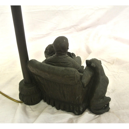 292 - Genesis bronzed figured lamp of a Gentleman reading with girl & dog, on shaped base