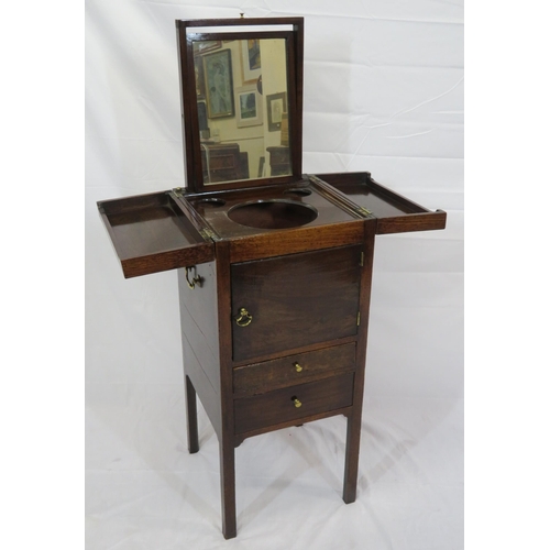 294 - Gentleman's mahogany wash stand with pull-up swivel mirror, fold-out top, two drawers under, on squa... 