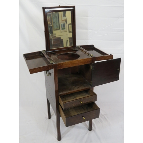 294 - Gentleman's mahogany wash stand with pull-up swivel mirror, fold-out top, two drawers under, on squa... 