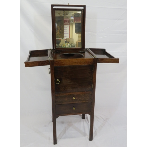 294 - Gentleman's mahogany wash stand with pull-up swivel mirror, fold-out top, two drawers under, on squa... 