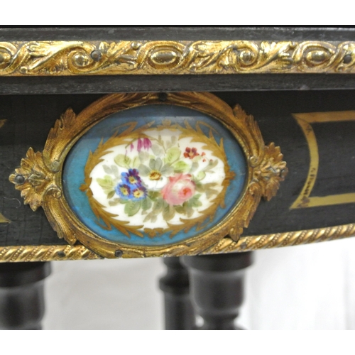 295 - Louis XV style inlaid ebonised card table of serpentine demi-lune form, with brass inlay, ormolu bor... 