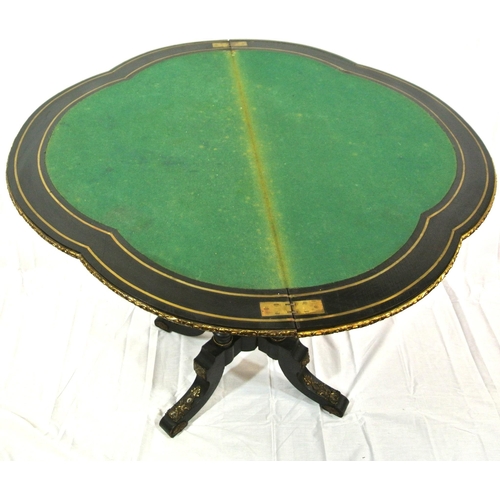 295 - Louis XV style inlaid ebonised card table of serpentine demi-lune form, with brass inlay, ormolu bor... 