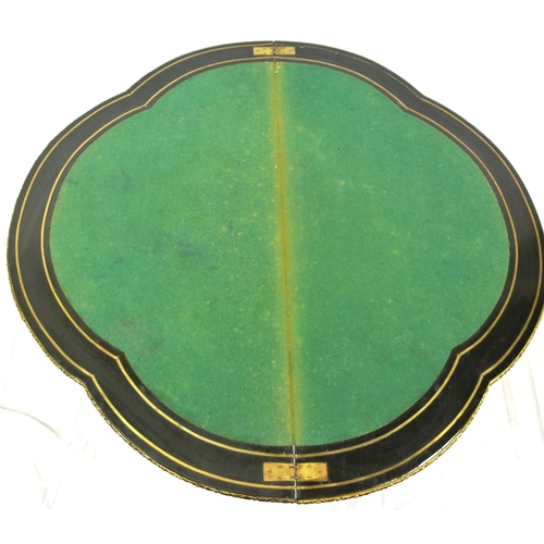 295 - Louis XV style inlaid ebonised card table of serpentine demi-lune form, with brass inlay, ormolu bor... 