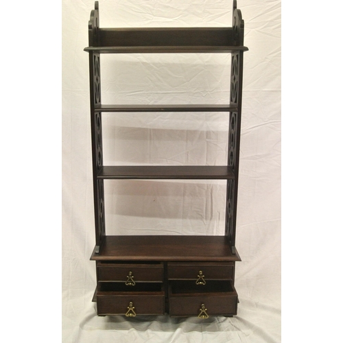 306 - Edwardian design four tier wall shelf with fretwork sides, four drawers with brass drop handles, on ... 