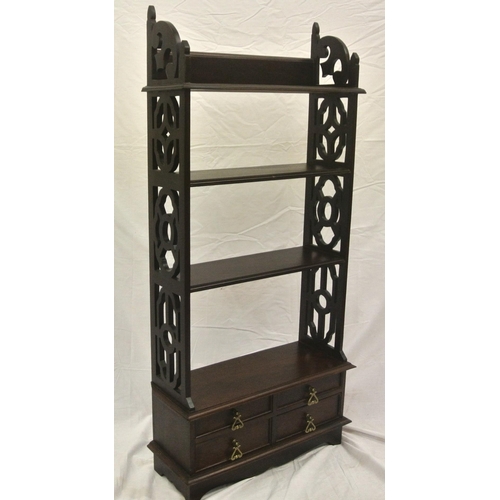 306 - Edwardian design four tier wall shelf with fretwork sides, four drawers with brass drop handles, on ... 