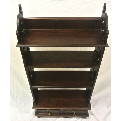 306 - Edwardian design four tier wall shelf with fretwork sides, four drawers with brass drop handles, on ... 