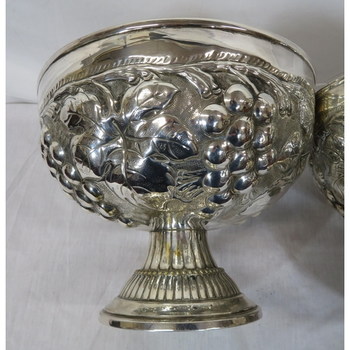 323 - Pair of round silverplated flower bowls with ornate grapevine embossing on spreading round bases