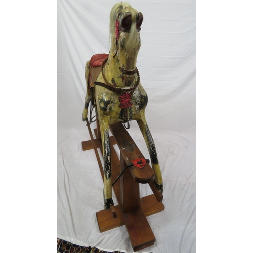 325 - Edwardian painted rocking horse with upholstered saddle & bridle, on timber base, by J Collinson & S... 