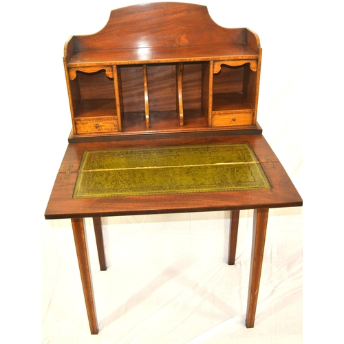 335 - Edwardian inlaid & crossbanded mahogany bonheur du jour with shaped tray back, sectioned top with dr... 