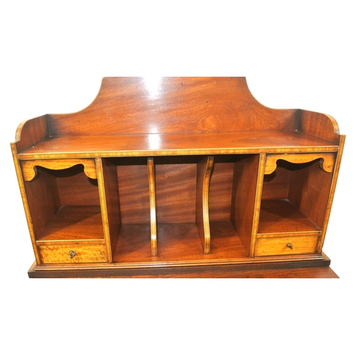 335 - Edwardian inlaid & crossbanded mahogany bonheur du jour with shaped tray back, sectioned top with dr... 