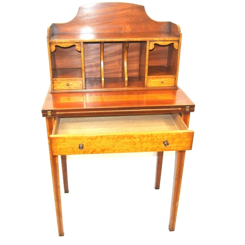 335 - Edwardian inlaid & crossbanded mahogany bonheur du jour with shaped tray back, sectioned top with dr... 