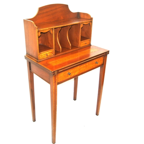 335 - Edwardian inlaid & crossbanded mahogany bonheur du jour with shaped tray back, sectioned top with dr... 