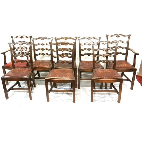 341 - Set of eight Georgian Hepplewhite style mahogany ladder back dining chairs with shaped pierced rails... 