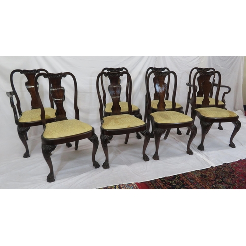 343 - Set of eight Queen Anne walnut & mahogany dining chairs with vase shaped splats, scroll carving, bow... 