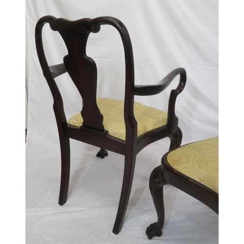 343 - Set of eight Queen Anne walnut & mahogany dining chairs with vase shaped splats, scroll carving, bow... 