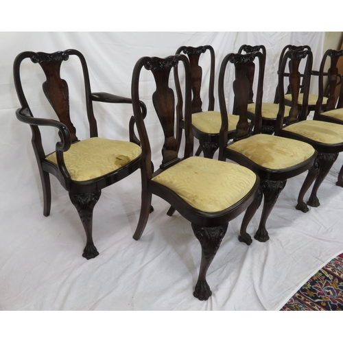 343 - Set of eight Queen Anne walnut & mahogany dining chairs with vase shaped splats, scroll carving, bow... 