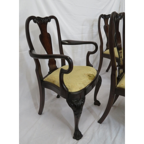 343 - Set of eight Queen Anne walnut & mahogany dining chairs with vase shaped splats, scroll carving, bow... 