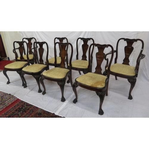 343 - Set of eight Queen Anne walnut & mahogany dining chairs with vase shaped splats, scroll carving, bow... 