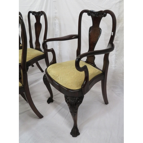 343 - Set of eight Queen Anne walnut & mahogany dining chairs with vase shaped splats, scroll carving, bow... 