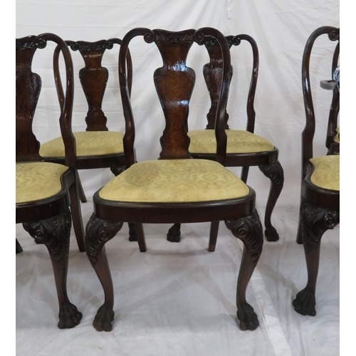 343 - Set of eight Queen Anne walnut & mahogany dining chairs with vase shaped splats, scroll carving, bow... 