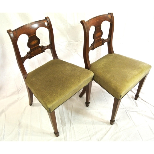 344 - Pair of Edwardian inlaid occasional chairs with shaped pierced backs, string & shell inlay, upholste... 