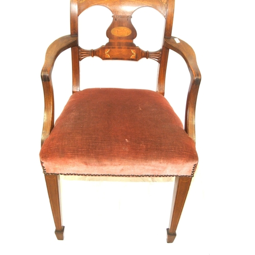 345 - Edwardian inlaid mahogany open armchair with string & shell inlay, shaped arms, inlaid square taperi... 