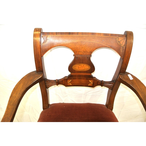 345 - Edwardian inlaid mahogany open armchair with string & shell inlay, shaped arms, inlaid square taperi... 