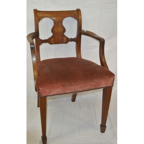 345 - Edwardian inlaid mahogany open armchair with string & shell inlay, shaped arms, inlaid square taperi... 