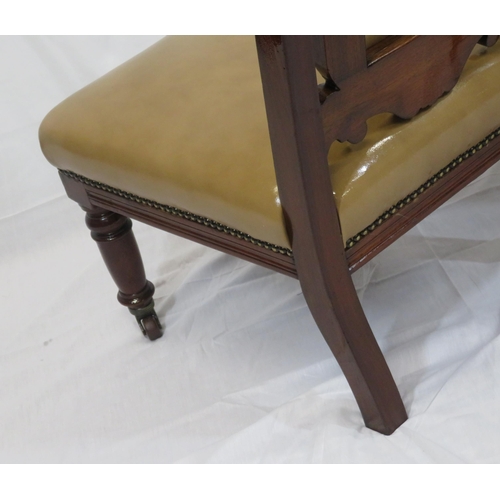 346 - Pair of Victorian bath side chairs with leatherette upholstery, foliate carving, on turned legs